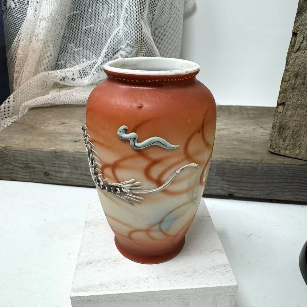 Vtg Japanese Porcelain Small Vase Moriage Raised Dragon Hand Painted
